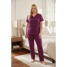 Kadın Büyük Beden Desenli Yakası Düğmeli Kısa Kollu Bambu Pijama Takımı