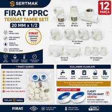 Fırat Pprc 20 mm x 1/2 Kombi Kalorifer Musluk Bağlantı Seti 12 Parça Tesisat Tamir Seti + 2 Adet Teflon Bant Hediye