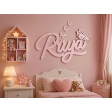 Runc Design Kişiye Özel Isimli Ahşap Duvar Dekorasyonu - Kelebek Detaylı Çocuk ve Bebek Odası Duvar Süsü - Ahşap Isimlik