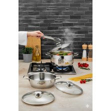 Polochef Vistal 18/10 Paslanmaz Çelik 8 Parça Derin ve Pilav Tencere Seti (16-20-24 CM-24CM)