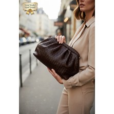 CLASSBAG Kadın Kahverengi Örgü Desenli Portföy&clutch ve Ayarlanabilir Askılı Omuz Çantası
