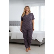Kadın Büyük Beden Desenli Yakası Düğmeli Kısa Kollu Bambu Pijama Takımı