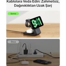 Esplendor Ultracharge Magsafe Uyumlu 3’ü 1 Arada Qi2 25W Kablosuz Şarj Cihazı, 17,, Airpods, Pixelsnap, Dönüştürülebilir Masaüstü Standı, 45W Adaptör, Siyah