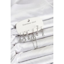 Küçük Hazine Mey Ithalat® 316L Çelik Gümüş Renk Zirkon Taşlı Zincir Detaylı Kadın Küpe Seti