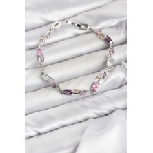 Küçük Hazine Mey Ithalat® Pirinç Gümüş Renk Pembe ve Mor Zirkon Taşlı Çiçek Model Kadın Bileklik