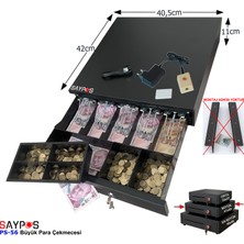 Saypos 5 Geniş Banknot Gözlü Kolay Açma Buton ve Adaptörlü, Anahtardan Açılır Para Çekmecesi 40,5X42X11CM