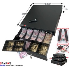 Saypos 5 Geniş Banknot Gözlü Yazarkasa Pos Bağlantılı ve Anahtardan Açılır Büyük Para Çekmecesi 40,5x42x11 cm