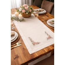 Muguetarts %100 El Işlemeli Çiçek Dekorlu Brezilya Naturel Nakış Keten Masa Runner Örtü 69X46 cm