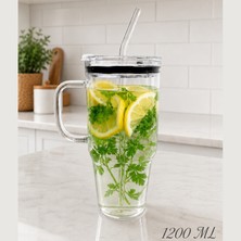Vizka Pipetli Büyük Boy Cam Termos , Sızdırmaz Akrilik Kapaklı Pipetli Cam Bardak 1200 ml