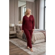 Temporium Kadın Büyük Beden Yakası Dantelli Uzun Kollu Bambu Pijama Takımı