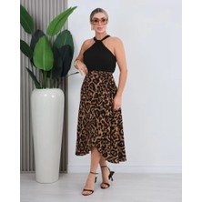 Defy Moda Kadın Önden Bağlamalı Leopar Desenli Süprem Uzun Etek