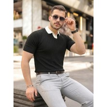Defy Moda Erkek Yaka Detaylı Desen Dokulu Triko Tişört