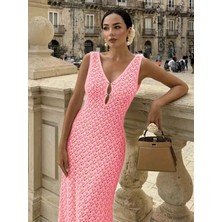 Defy Moda Kadın Askılı V Yakalı Uzun Triko Elbise