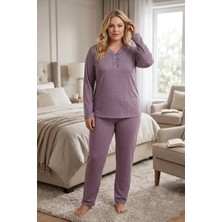 Temporium Kadın Büyük Beden Yakası Dantelli Uzun Kollu Bambu Pijama Takımı