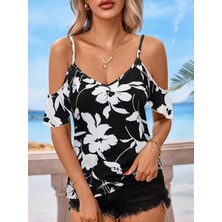 Defy Moda Kadın Omuzlardan Açık Ip Askılı V Yakalı Çiçek Desenli Süprem Bluz