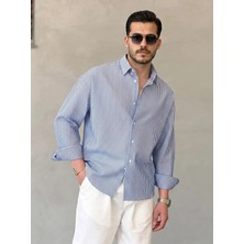 Defy Moda Erkek Ince Çizgili Gofre Kumaş Rahat Kalıp Gömlek