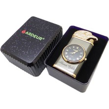 Ardeur® Meritus Füme Gold Figürlü Isme Özel Saatli Çakmak | Hediyelik Kutusunda