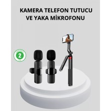 Pileli Store Pilelistore- Kablosuz Çift Yaka Mikrofonu ve Tripodlu Selfie Çubuğu Içerik Üretici Seti