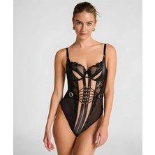Aria's Closet Özel Tasarım Siyah Dantel Işlemeli Önü Ip Detaylı Korseli Transparan Fantezi Body