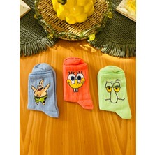 Al Bi 90'lık Al Bi 90Lık 3'lü Patrick, Squidward ve Sünger Desenli Kolej Set Çorap