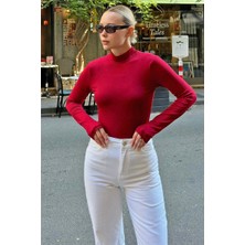 Swist Bordo Poi Parmak Detaylı Yarım Balıkçı Kadın Body Bluz