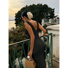 Moda Loris Kadın Askılı V Yakalı Uzun Triko Elbise