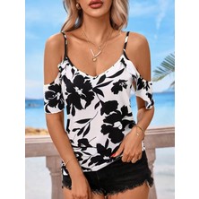 Alyn Wear Kadın Omuzlardan Açık Ip Askılı V Yakalı Çiçek Desenli Süprem Bluz