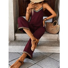 Gökyüzü Moda Kadın Ip Askılı V Yakalı Etnik Serit Desenli Cep Detaylı Janjan Krep Tulum