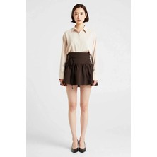 Benerly Kadın Mini Etek %100 Pamuk Gabardin Kumaş Skater Kesim Beli Bağlamalı Cepli Günlük Rahat Modern