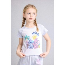 DeFacto Disney Lilo & Stitch Fitted Bisiklet Yaka Ribana Kısa Kollu Beyaz Tişört Kız Çocuk H3477A826HS