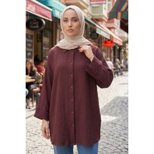 Modestim Kadın Bordo Duble Geniş Kol Müslin Kumaş Yazlık Trend Tesettür Gömlek