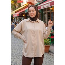 Modestim Kadın Bej Saten Kumaş Tesettür Gömlek Tunik