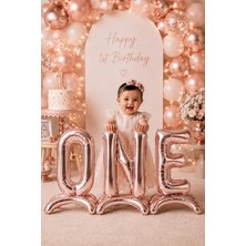 Dodomar Rose Gold Ayaklı One Yazılı 1 Yaş Folyo Balon Seti 75 cm 32 Inç Doğum Günü Parti Süsü