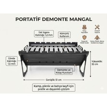 Portatif Katlanabilir Kamp Mangalı - 1.5mm Kalın Sac Demonte Piknik Barbeküsü 51 cm