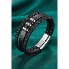 Trend Collection Erkek Siyah Deri Bileklik Çelik Klipsli Örgü Detaylı Çoklu Bileklik