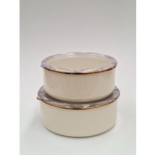 Gizem Emaye Ikili Saklama Kabı Seti 16 cm (1 Litre) + 18 cm (1,35 Litre) Iç Dış Krem Renkli Gold Detaylı