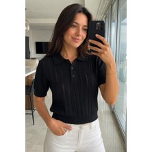 Gülseli Kadın Polo Yaka Ajurlu Triko Bluz P-00022042