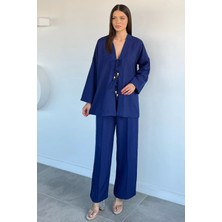 Gülseli Kadın Ön Bağlamalı Ceket Bel Lastikli Pantolon Ikili Takım P-00022033