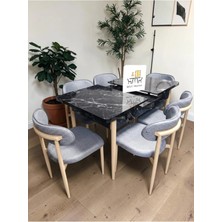 Msy Home 6 Kişilik Lina A.gri Kumaş 80*130 Siyah Mermer Açılır Masa Sandalye Seti (Modern Seri)Krem Iskelet