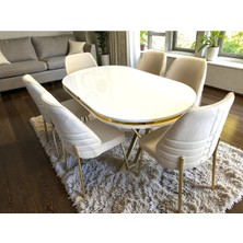 Msy Home 6 Kişilik Monaco Stil Gold Çizgili Krem Yönsüz Kumaş Beyaz Oval Masa Modern Yemek Odası Seti