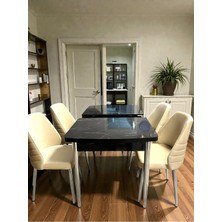 Msy Home 4 Kişilik Premium Seri Krom Detaylı Gri Renk Siyah Mermer Desenli Kelebek Masa Modern Şık Set