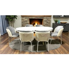 Msy Home 6 Kişilik Aura Krom Serisi Beyaz Lake Oval Yemek Masası ve Puffy A.gri Sandalye Takımı Modern