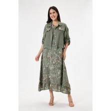 Della Moor Khaki Italyan %100 Keten Çiçek Desenli Ceketli Ikili Takım Elbise 38 - 44 Beden