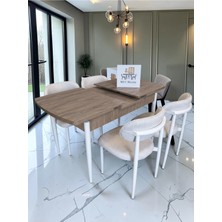 Msy Home 4 Kişilik Lina Krem Kumaş 80*130 Antik Çam Açılır Masa Sandalye Seti (Modern Seri)Beyaz Iskelet