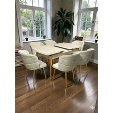 Msy Home 6 Kişilik Selin Serisi Gold Kelebek Traverten Kelebek Yemek Masası Takımı