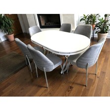 Msy Home 4kişilik Monaco Stil Krom Çizgili Gri Yönsüz Kumaş Beyaz Oval Masa Modern Yemek Odası Seti