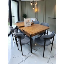 Msy Home 6 Kişilik Lina Antrasit Kumaş 80*130 Antik Çam Açılır Masa Sandalye Seti (Modern Seri) Siyah Iskelet