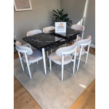 Msy Home 6 Kişilik Lina Krem Kumaş 80*130 Siyah Mermer Açılır Masa Sandalye Seti (Modern Seri)Beyaz Iskelet