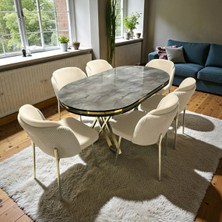 Msy Home 6 Kişilik Aura Gold Serisi Ironi Lake Oval Yemek Masası ve Puffy Krem Sandalye Takımı Modern