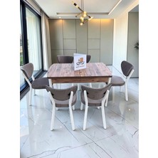 Msy Home Alva 6 Kişilik Yemek Masası Takımı Baby Face Kumaş Çam 80X130 cm Mdf Masa Beyaz Iskelet Modern ve Şık